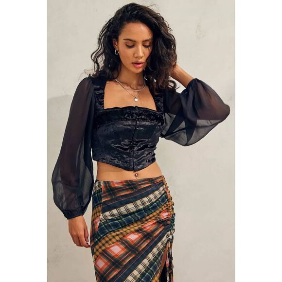 Urban Outfitters UO Black Velour Peggy Portrait Smocked Crop Top - Picture 1 of 7